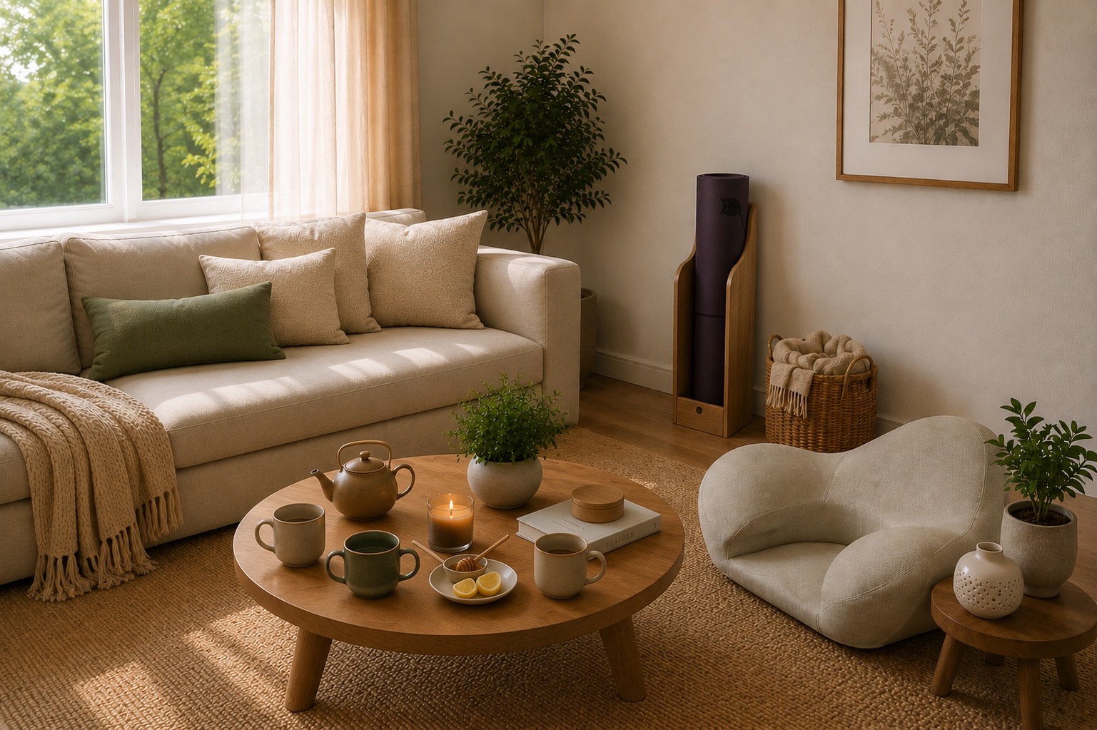 A warm living room with tea on the table and a yoga mat resting in its stand